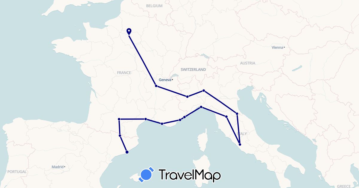 TravelMap itinerary: driving in Andorra, Spain, France, Italy, Monaco (Europe)